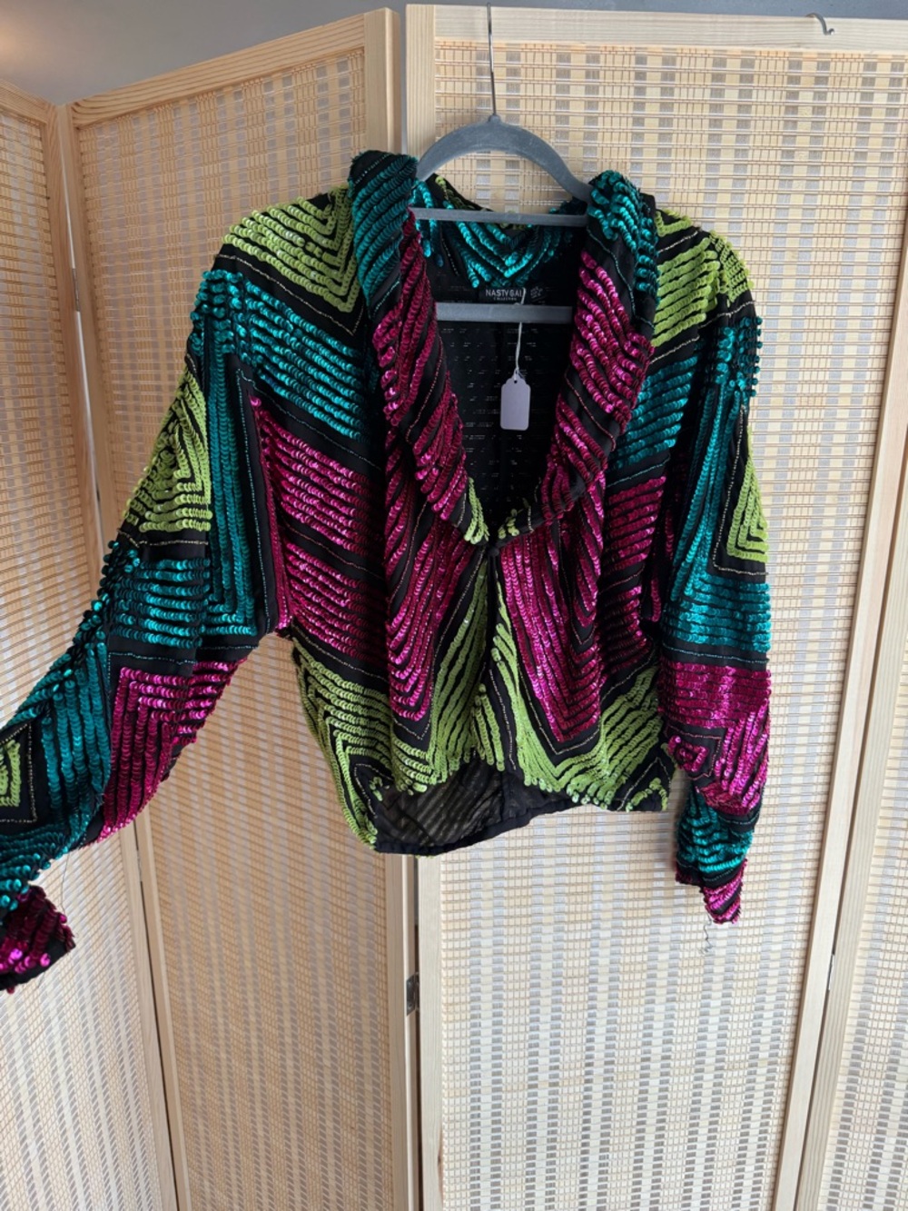 Nasty Gal Sequined Geo Crop Hoodie in Teal, Magenta & Lime